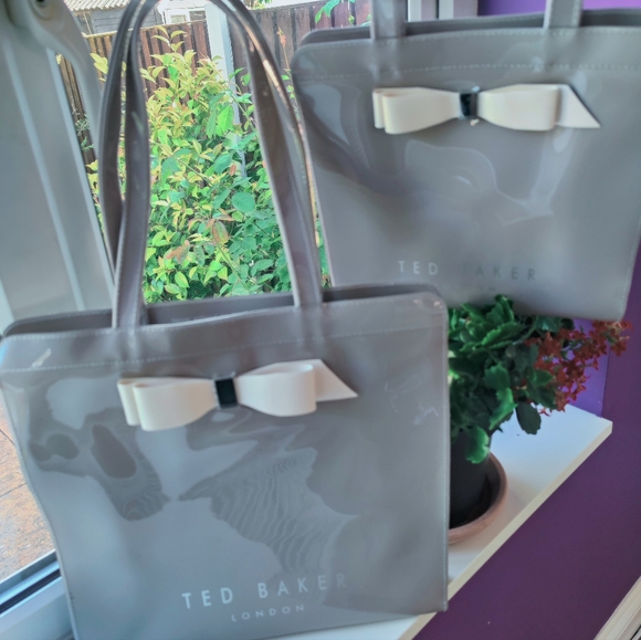 TED BAKER London Large & Small Shopper Tote Bag Duo Set x2 Grey Cream Bow 1 New - Picture 2 of 8